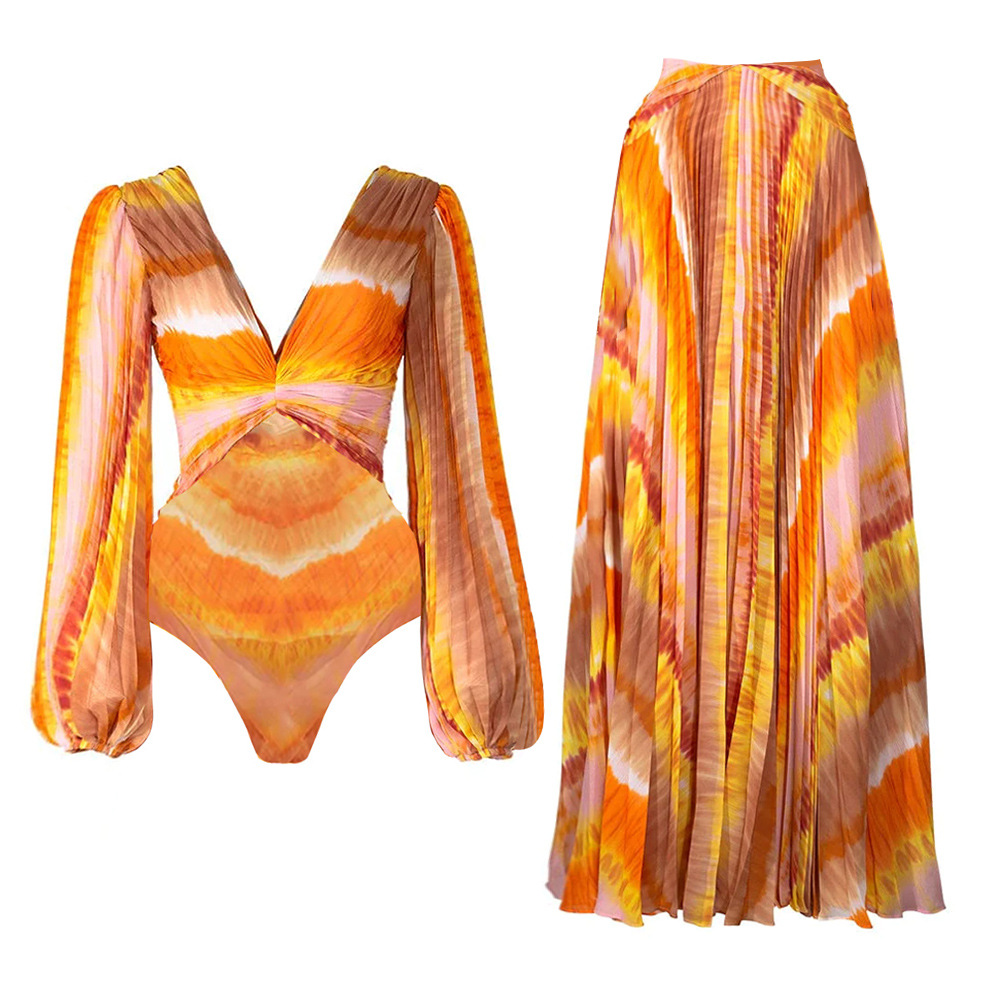 V Neck Women's Puff Long Sleeve One Piece Swimsuit