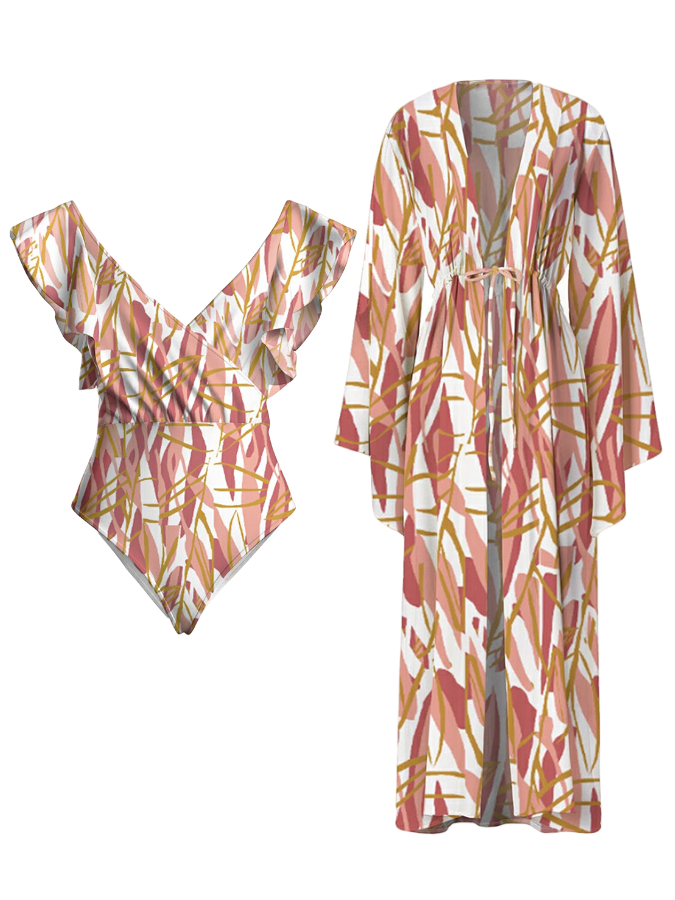 Leaves Printed One Piece and Kimono Swimwear
