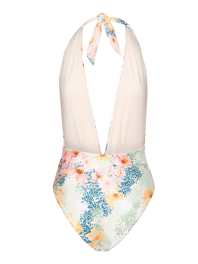 Vintage Floral Print Deep V One-Piece Swimsuit and Skirt