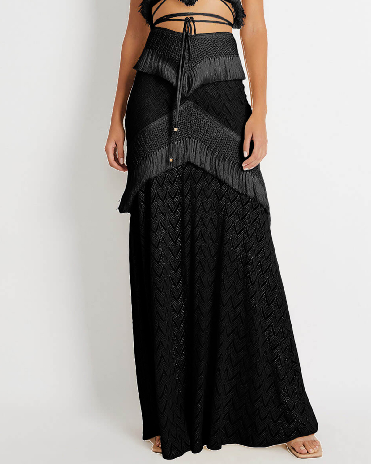 Beach Fringed Solid Color Bikini Swimsuit and Skirt