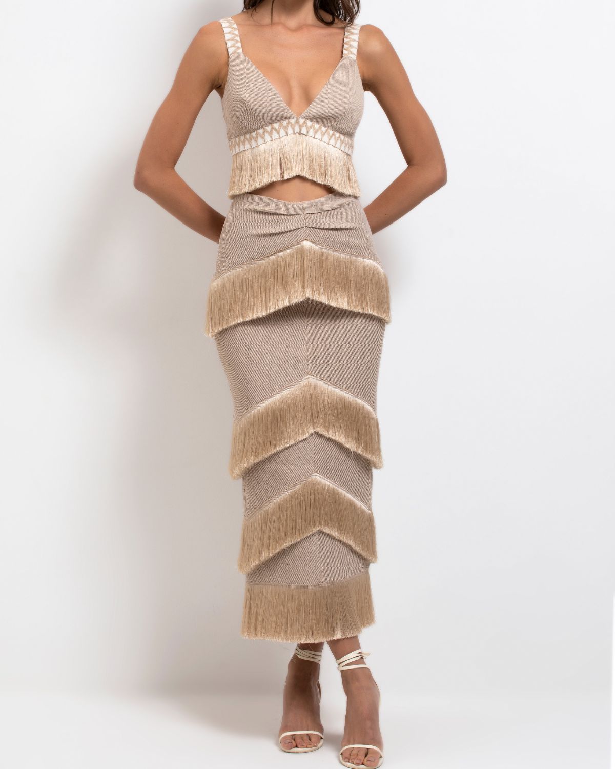 V-Neck Fringe Beach Fringed Solid Color Bikini Swimsuit and Skirt