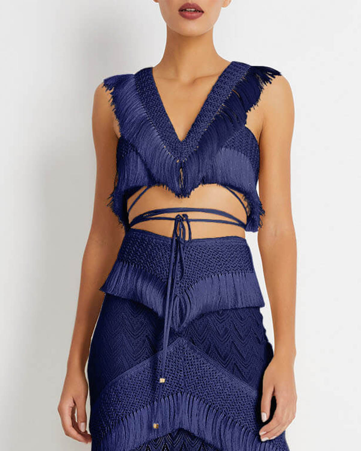 Beach Fringed Solid Color Bikini Swimsuit and Skirt