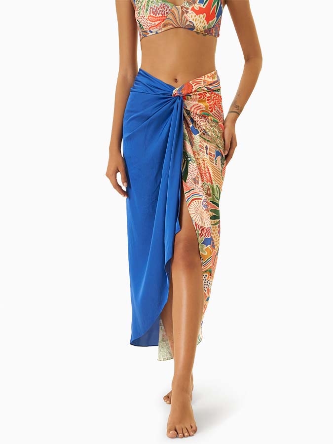 Retro Printed Beach Swimsuit and Fringed Skirt