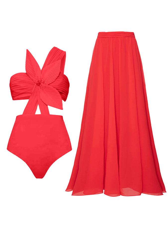 3D Three-Dimensional Flower One-Piece Swimsuit And Skirt