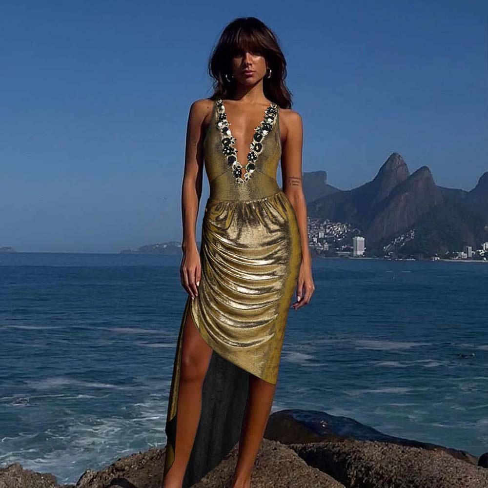 Deep V metallic glossy one-piece swimsuit