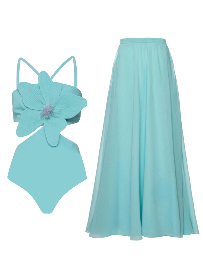 3D Three-Dimensional Flower Solid Color One-Piece Swimsuit And Skirt