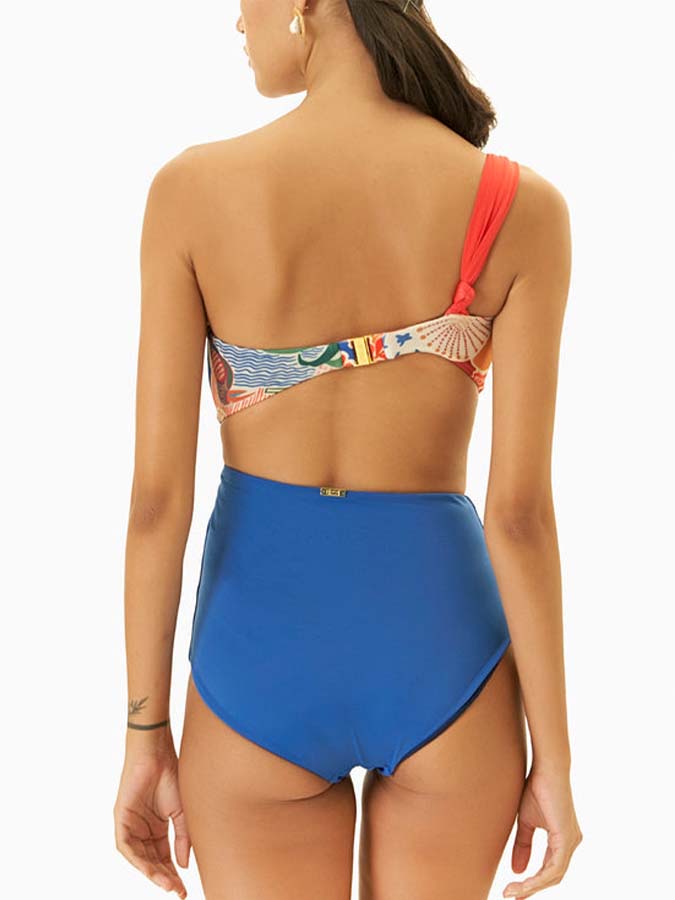 Retro Printed Beach Swimsuit and Fringed Skirt