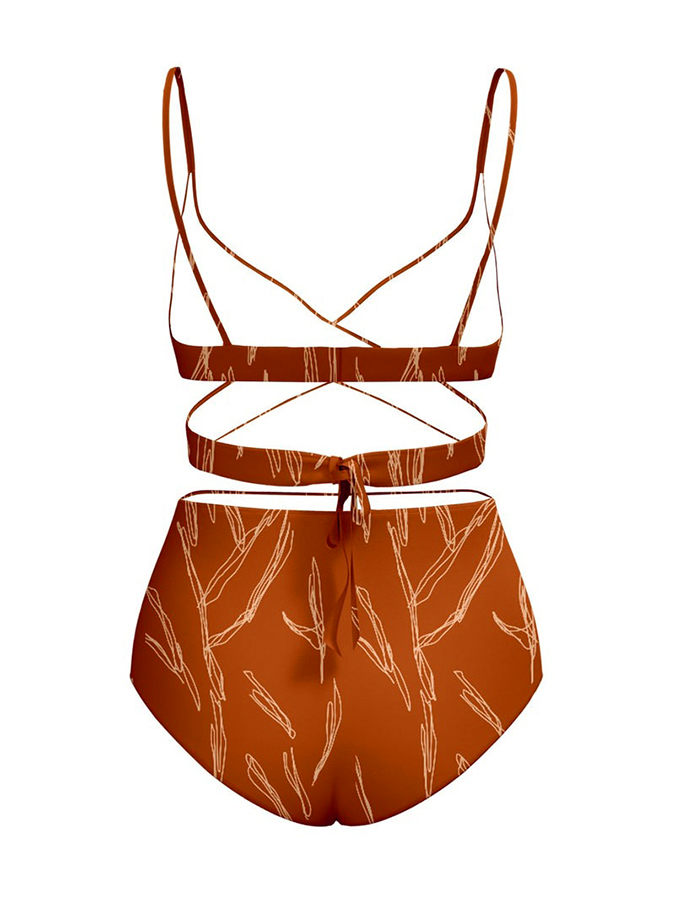 Rust Printed Bikini Set and Kimono Swimwear