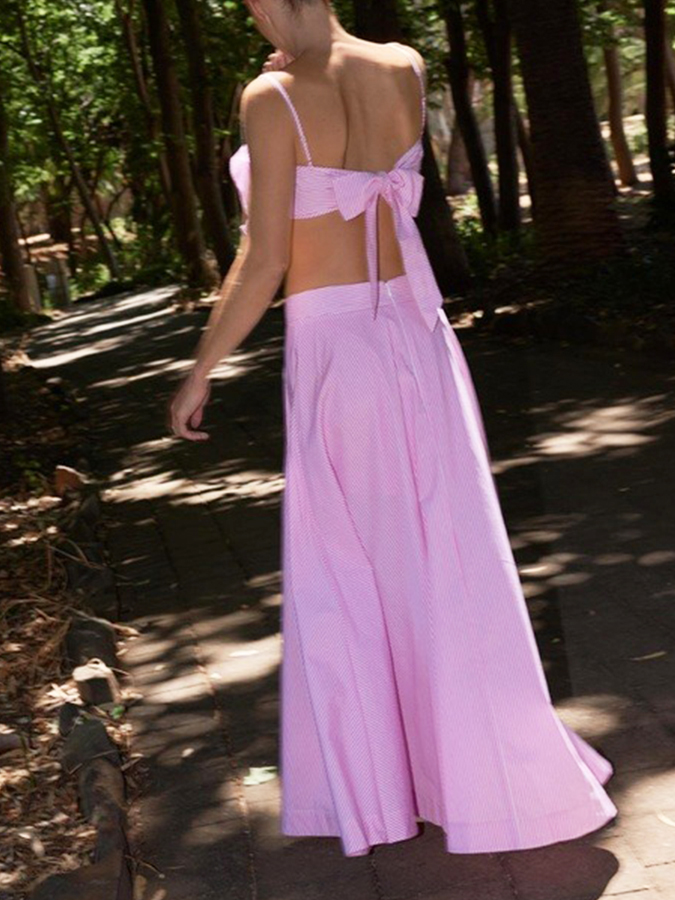 Pink Stripes 3D Flower Bikini Set and Long Skirt