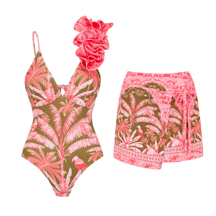 Tropical palm leaf print large ruffle one-piece swimsuit