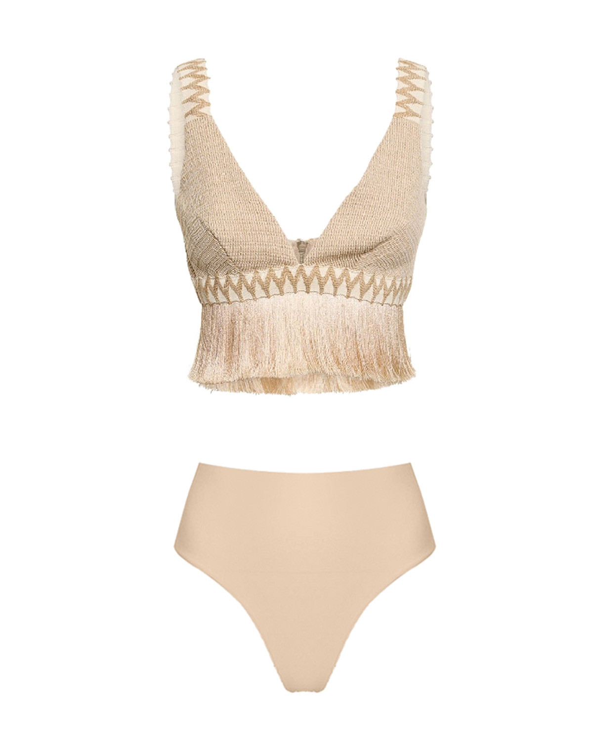 V-Neck Fringe Beach Fringed Solid Color Bikini Swimsuit and Skirt