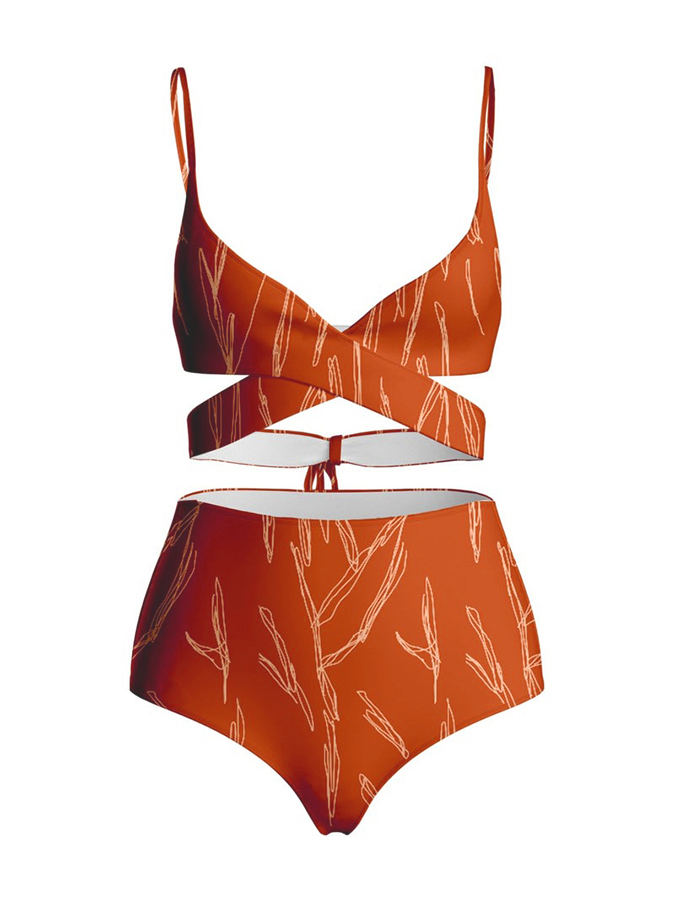 Rust Printed Bikini Set and Kimono Swimwear