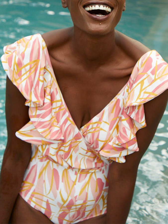 Leaves Printed One Piece and Kimono Swimwear