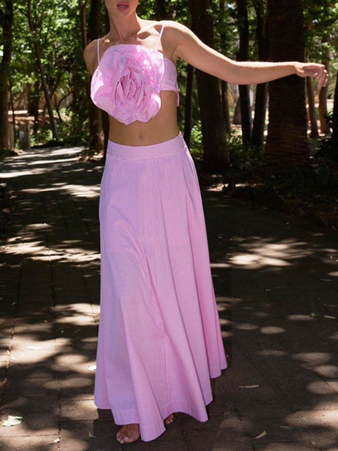 Pink Stripes 3D Flower Bikini Set and Long Skirt