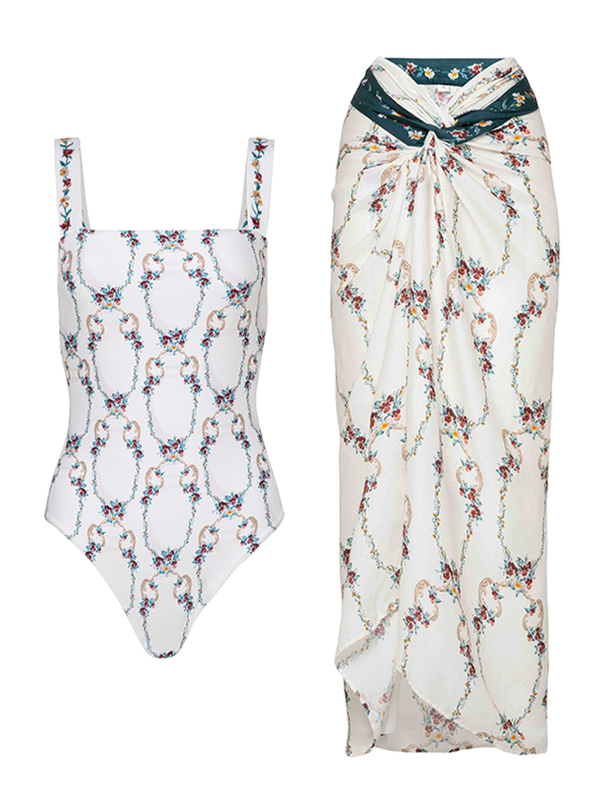 Vintage Floral Print Swimsuit and Cover-Up