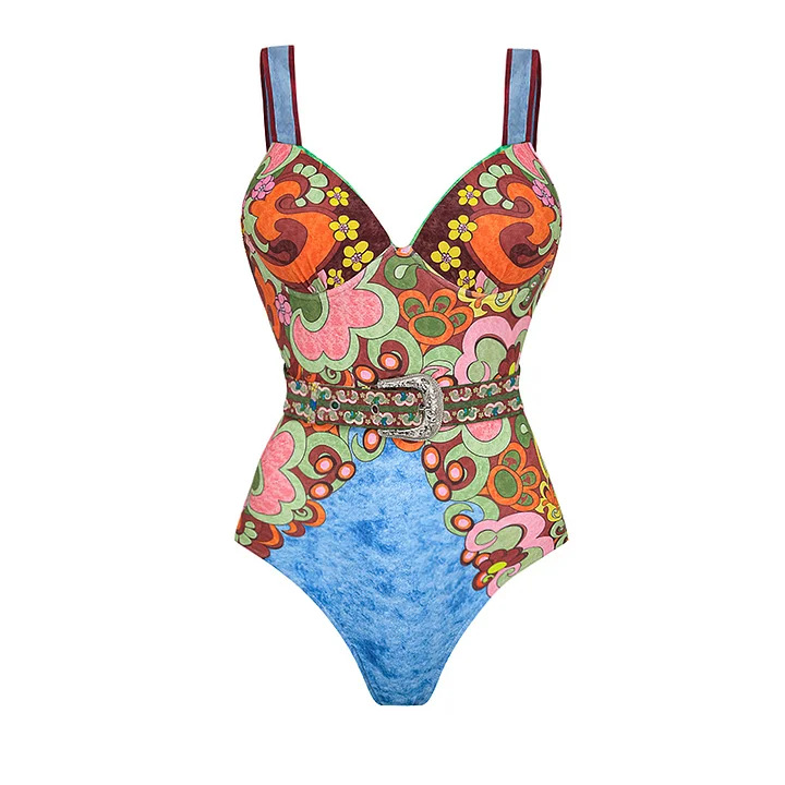 Auspicious cloud and flower print one-piece swimsuit set