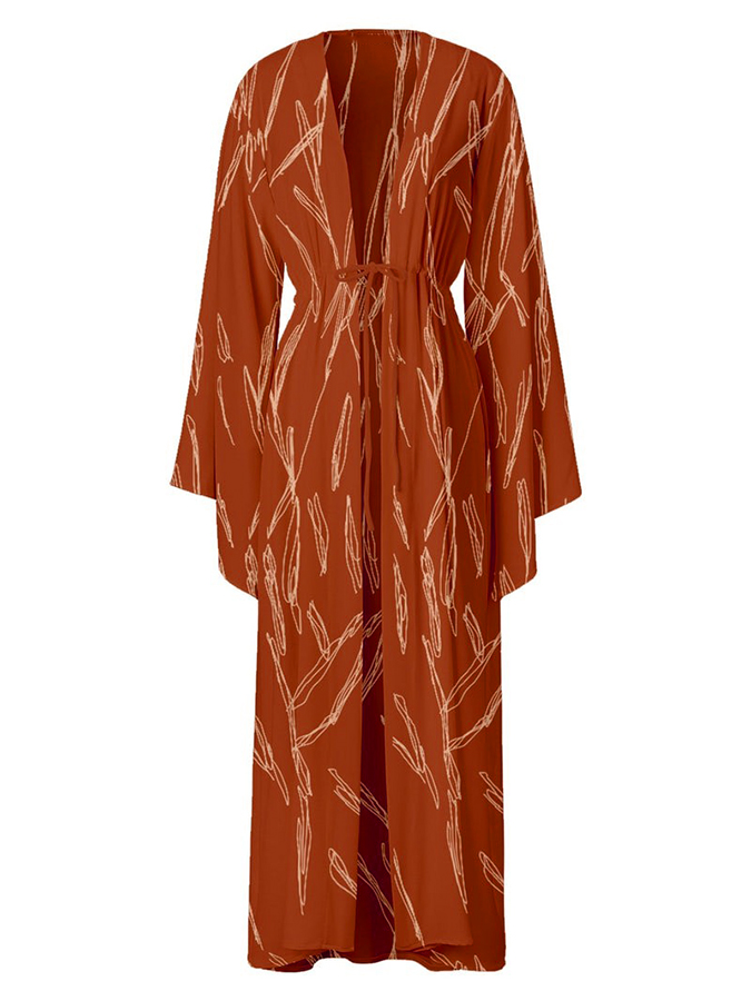 Rust Printed Bikini Set and Kimono Swimwear