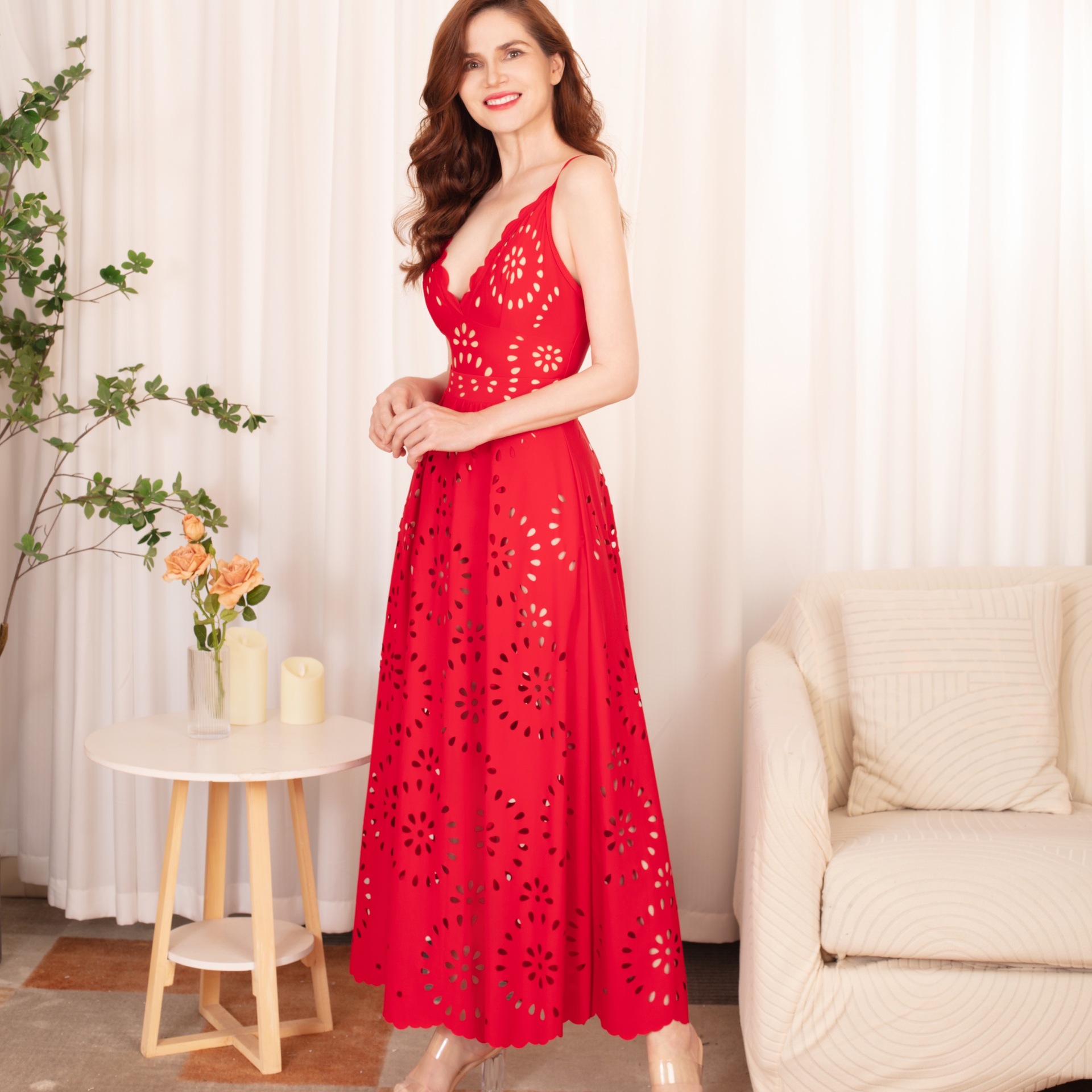 Red Flower Hollow Lace Swimsuit Skirt Resort Wear