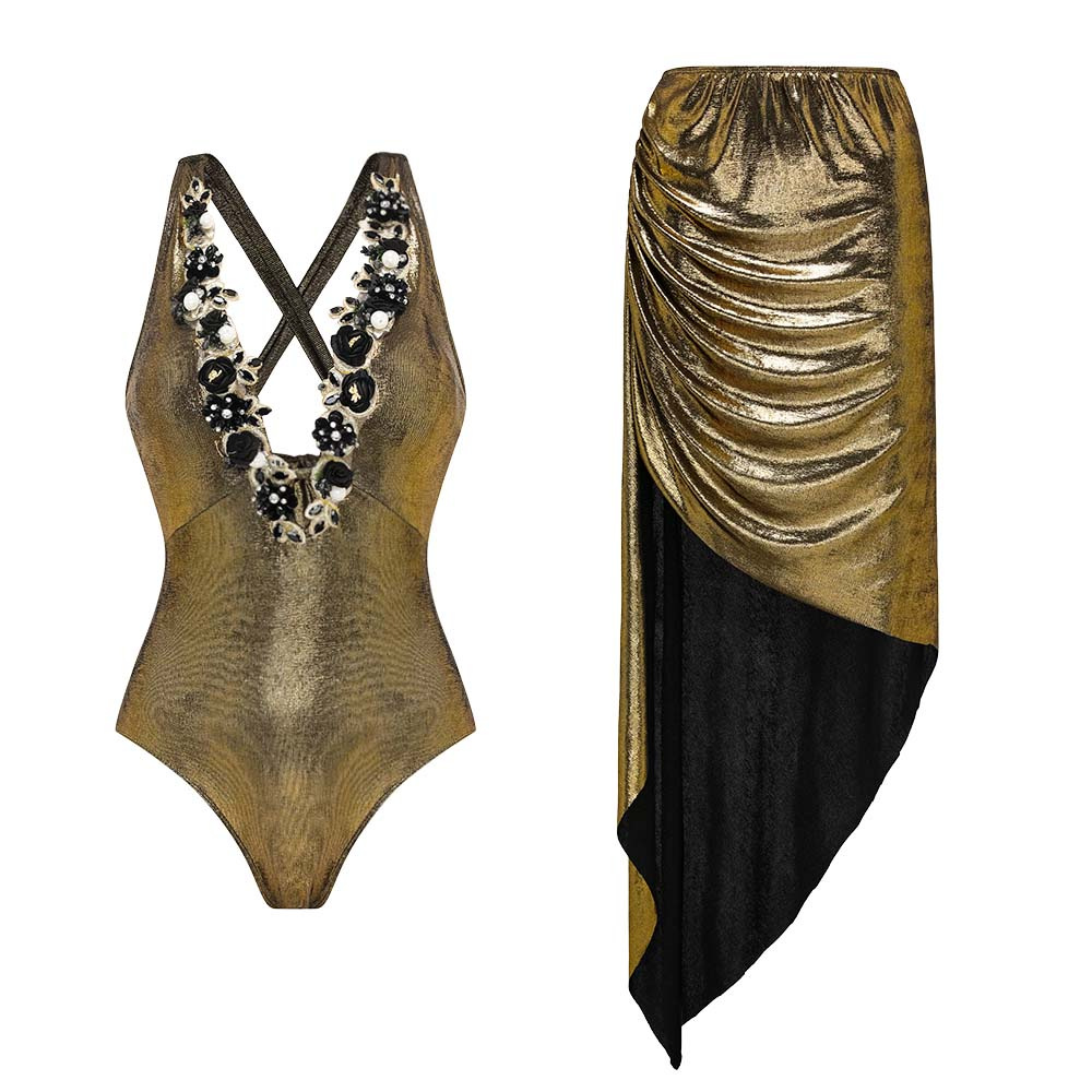 Deep V metallic glossy one-piece swimsuit