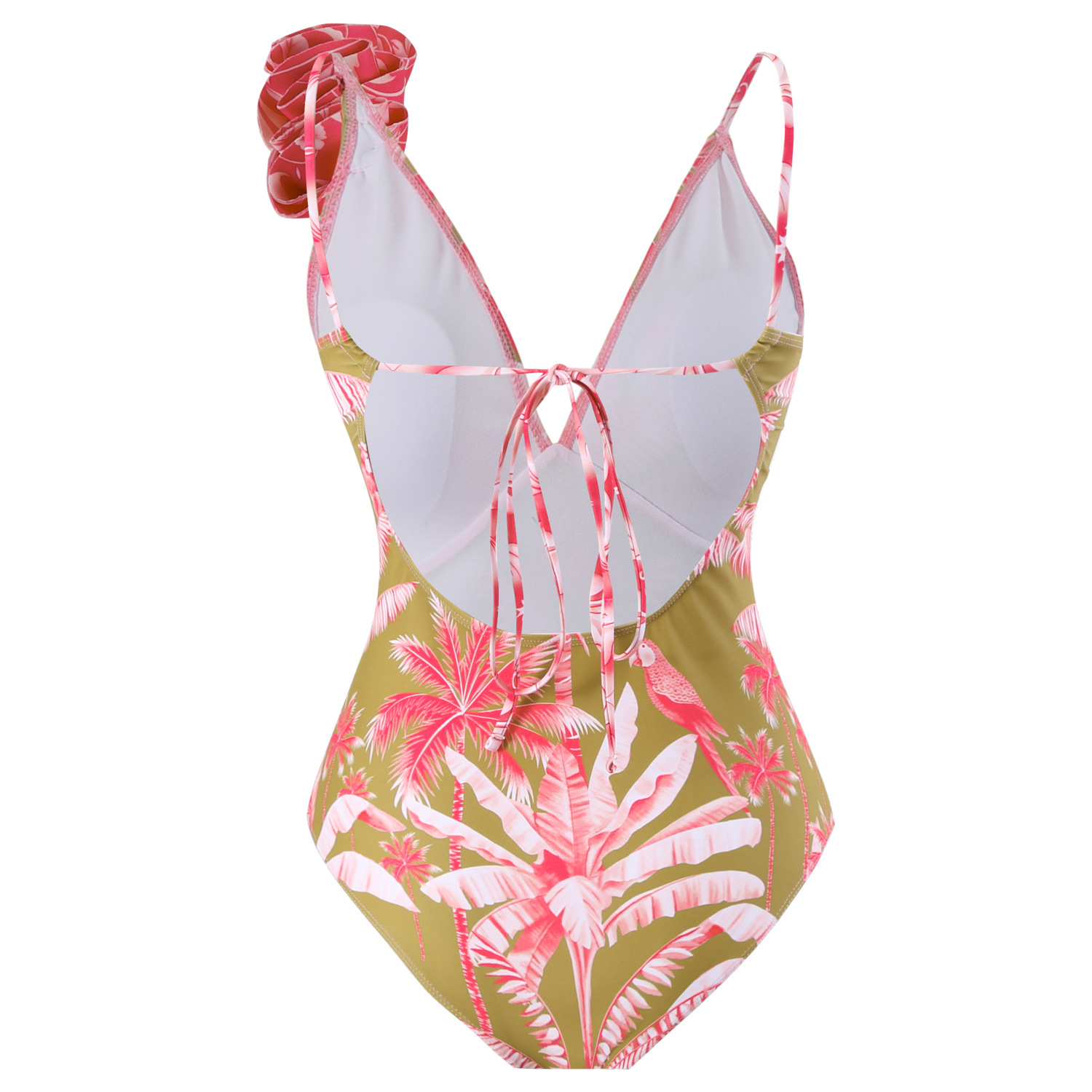 Tropical palm leaf print large ruffle one-piece swimsuit