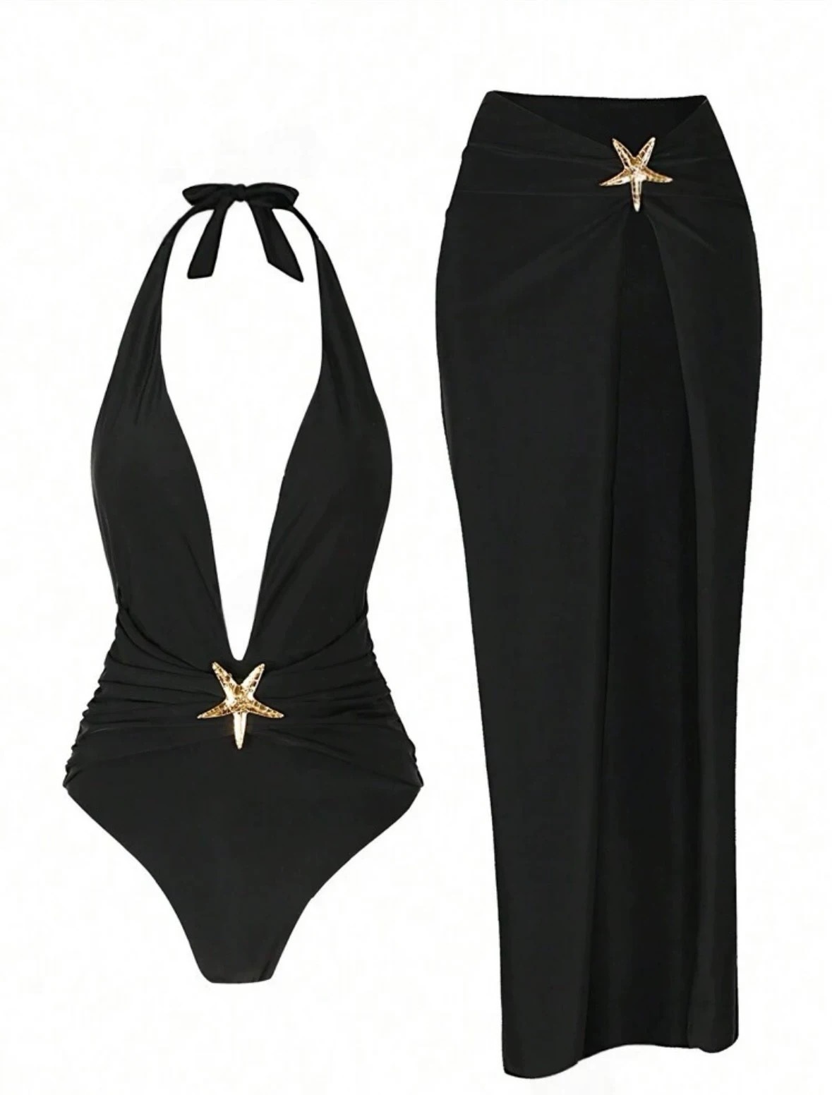 Black deep V starfish one-piece swimsuit
