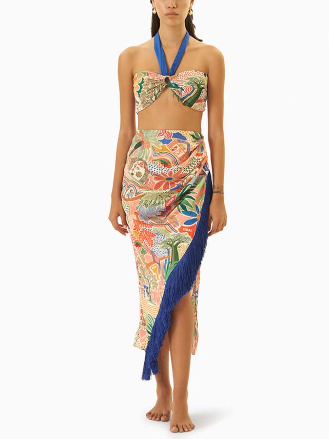 Retro Printed Beach Swimsuit and Fringed Skirt