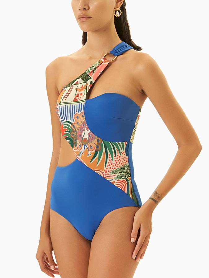 Retro Printed Beach Swimsuit and Fringed Skirt