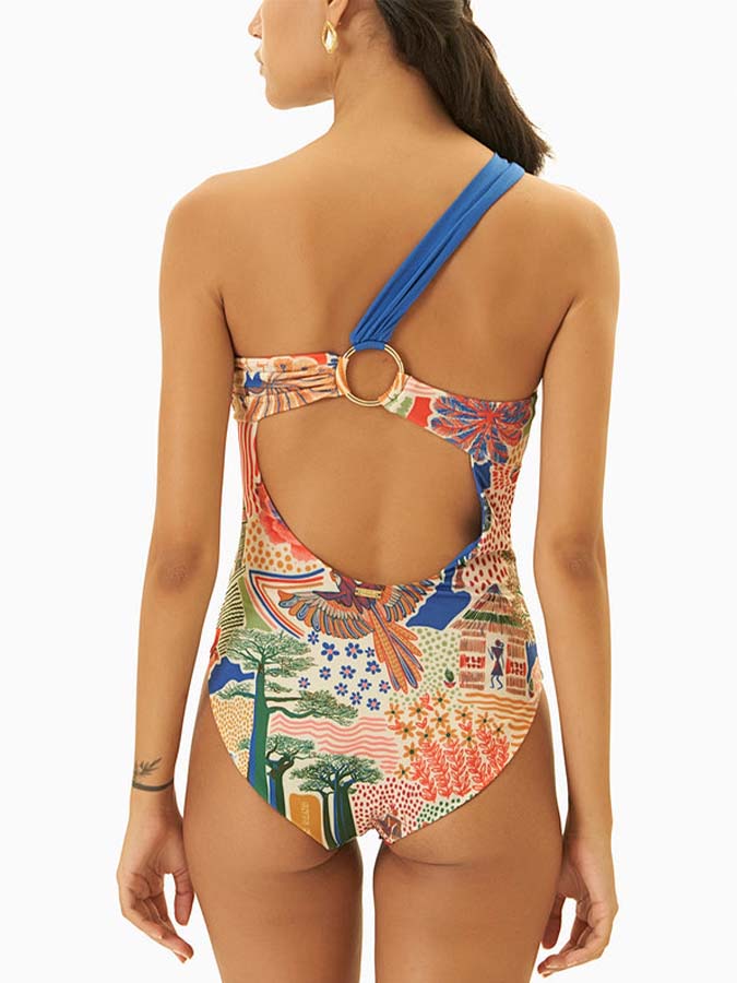 Retro Printed Beach Swimsuit and Fringed Skirt