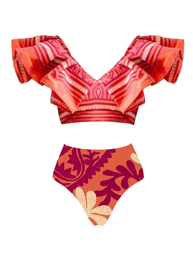 Ruffle Sleeves Printed Swimsuit And Cover Up