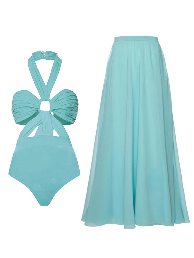 Beach Solid Color One-Piece Swimsuit And Skirt