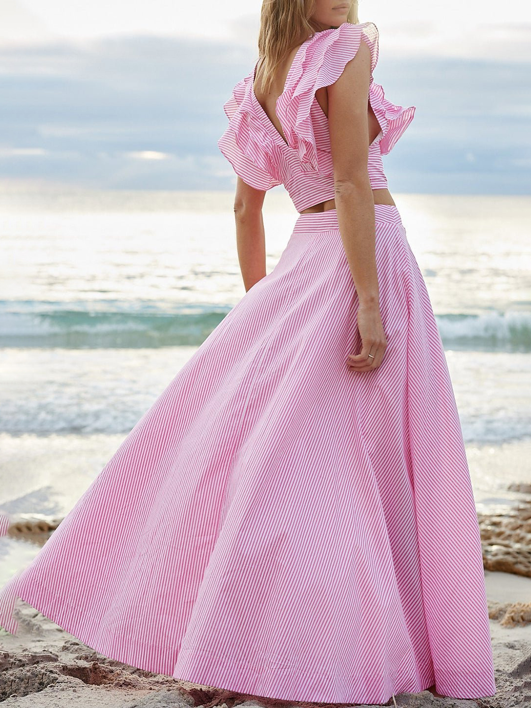 Ruffle Sleeves V Neck Pink Stripes Bikinim Set and Long Skirt