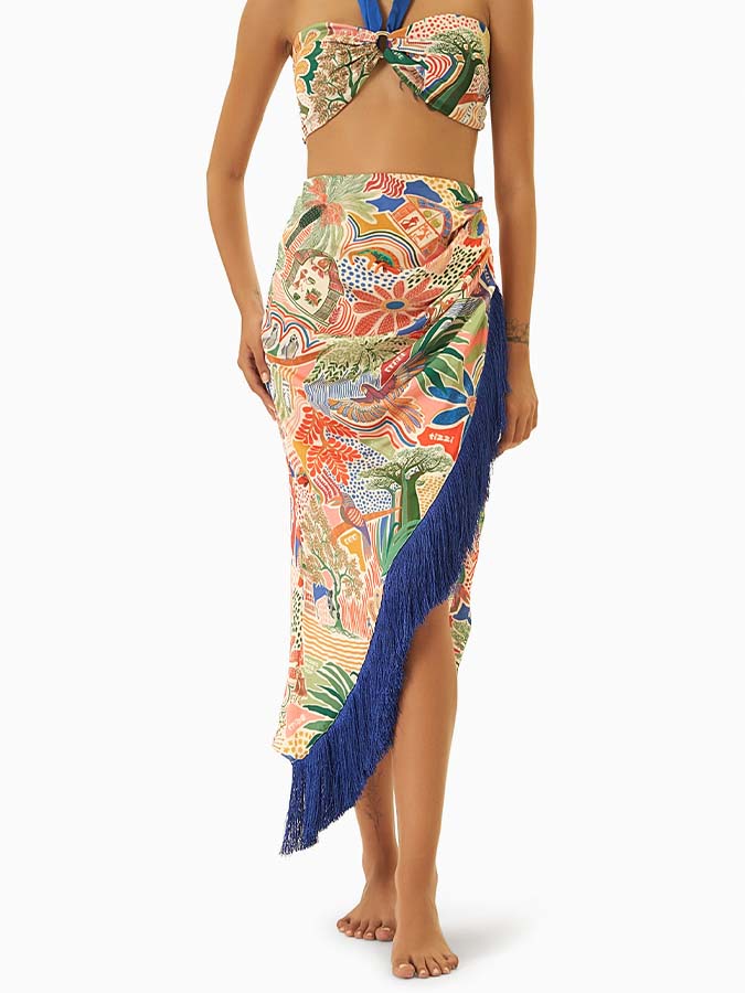 Retro Printed Beach Swimsuit and Fringed Skirt