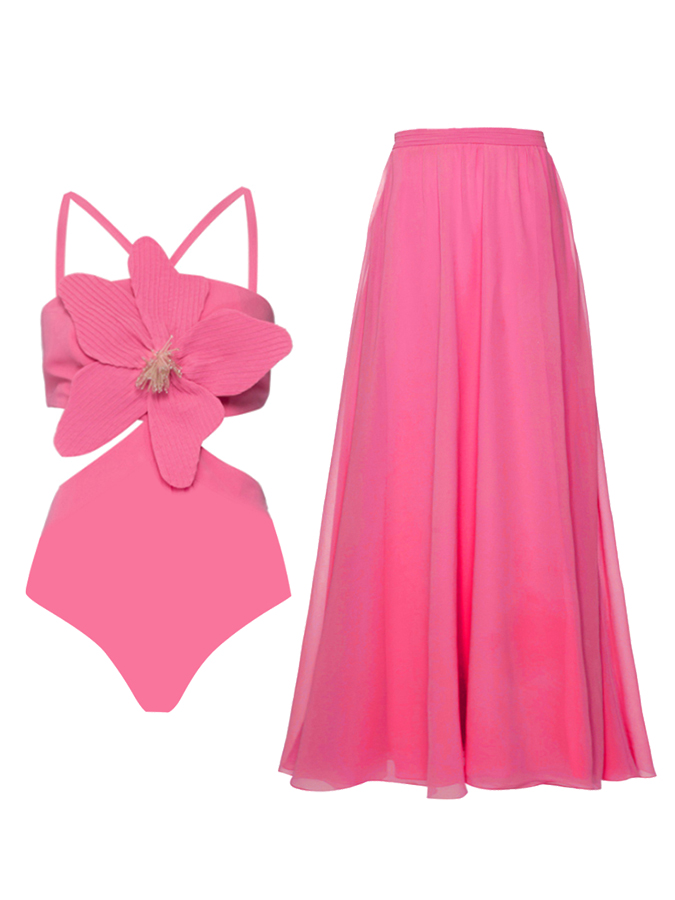 3D Three-Dimensional Flower Solid Color One-Piece Swimsuit And Skirt