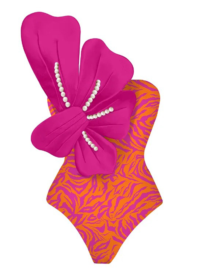 3D Pearl Flower One Shoulder One Piece Swimsuit