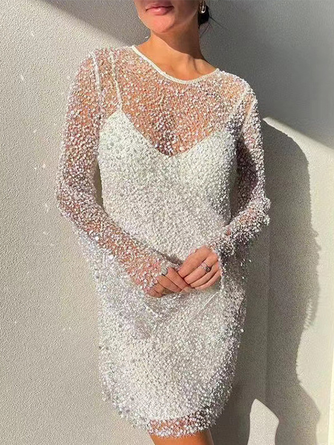 Beaded See-through Mesh Two-piece Suspender Party Dress