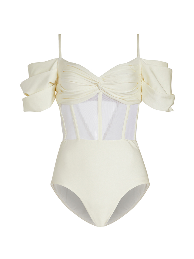 Off Shoulder Corset One Piece and Mesh Skirt Swimwear