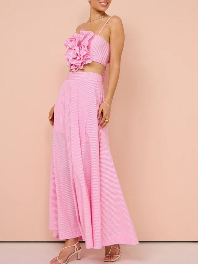 Pink Stripes 3D Flower Bikini Set and Long Skirt
