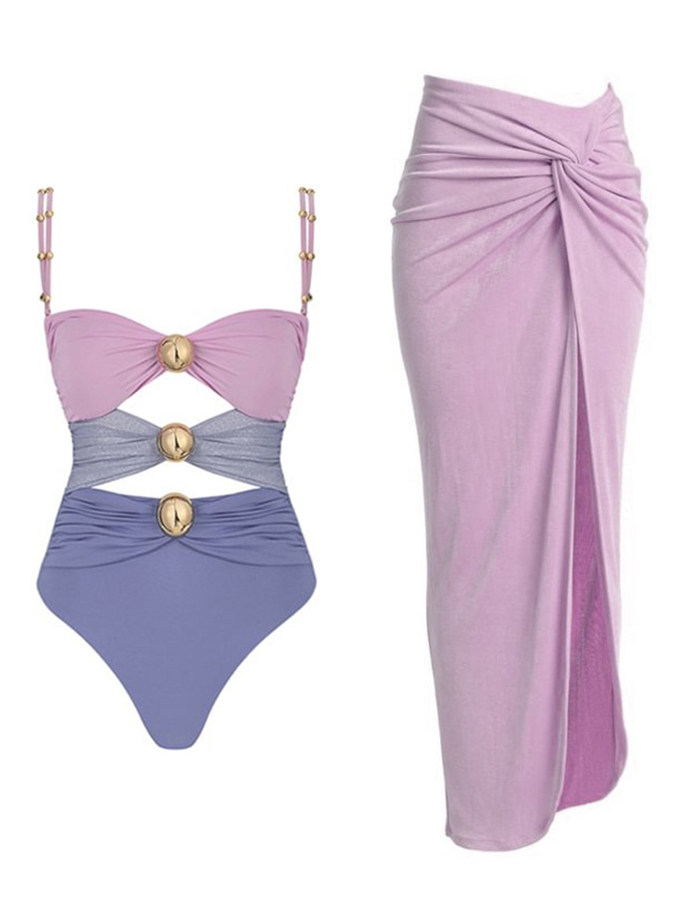Color Block Cutout One Piece Swimsuit and Sarong