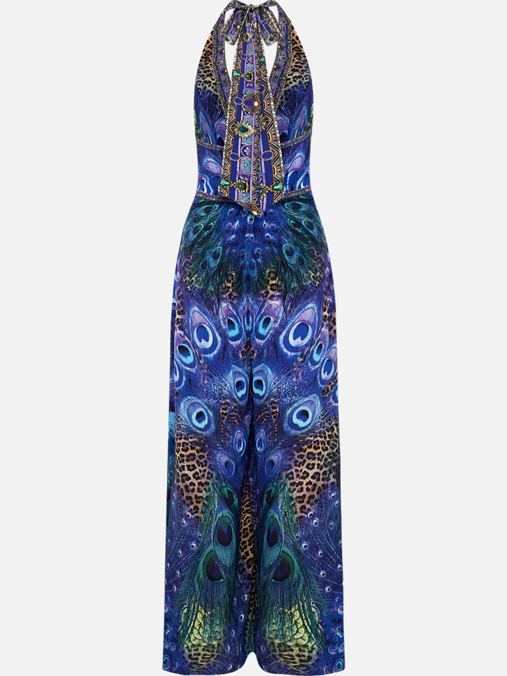 Peacock Printed Halter One Piece Swimsuit and Pants