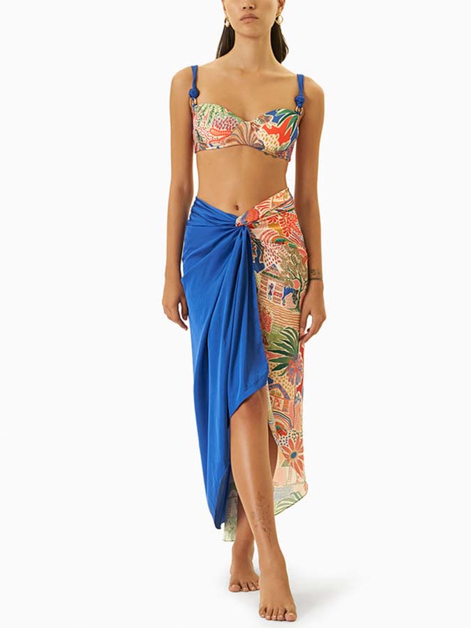 Retro Printed Beach Swimsuit and Fringed Skirt