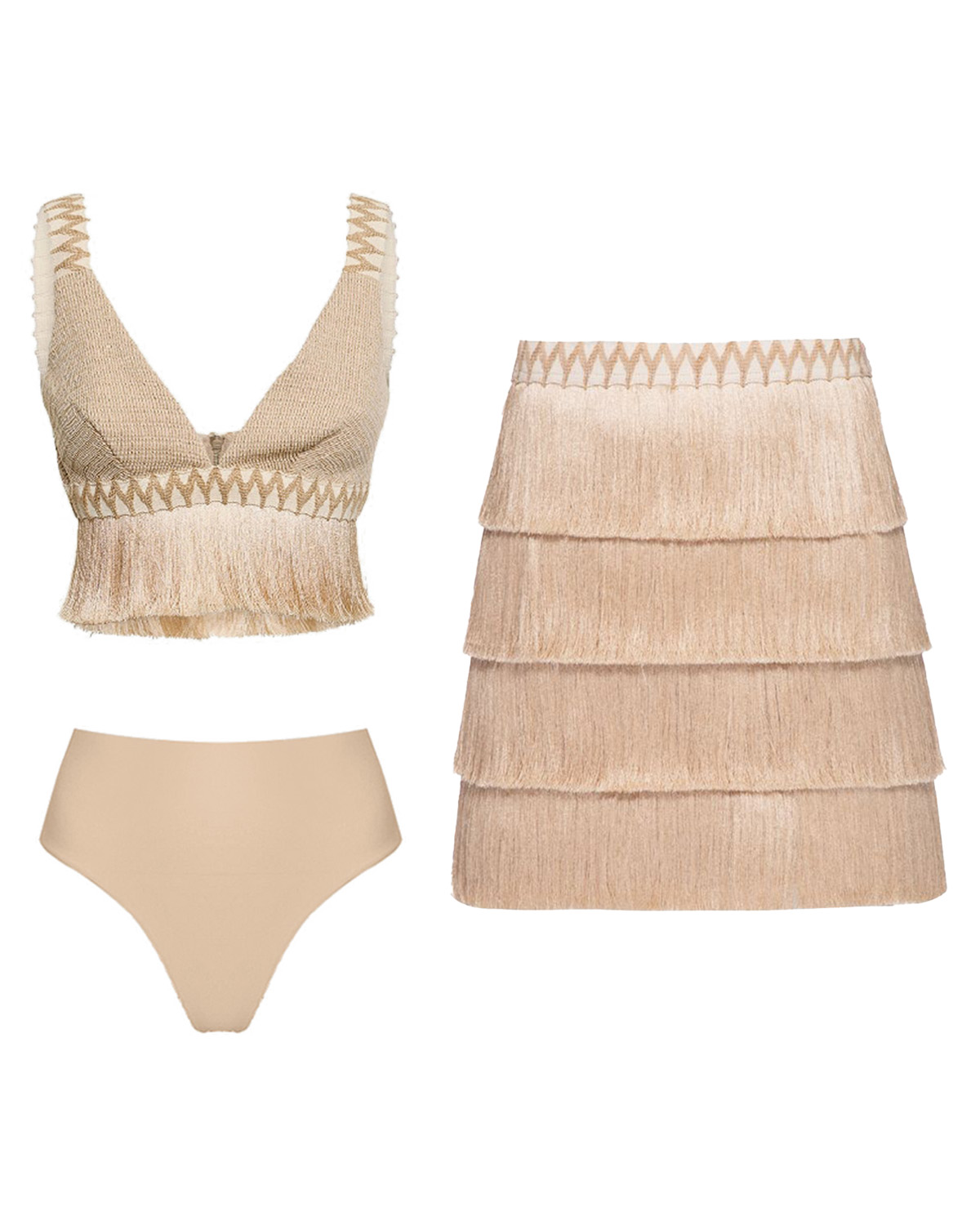 V-Neck Fringe Beach Fringed Solid Color Bikini Swimsuit and Skirt