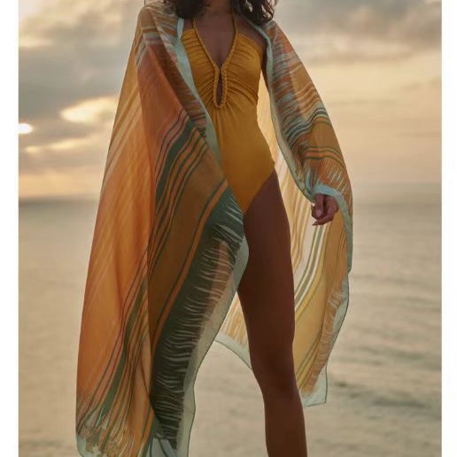 Bright yellow openwork pleated halter neck swimsuit