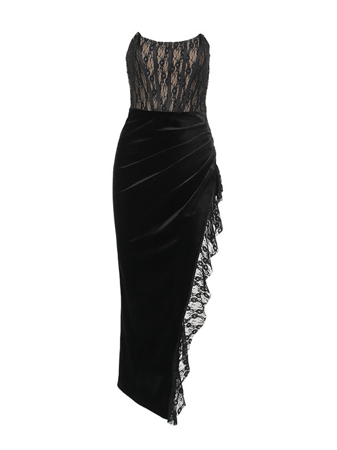 Black Lace Velvet Corset Side Slit Dress without Gloves