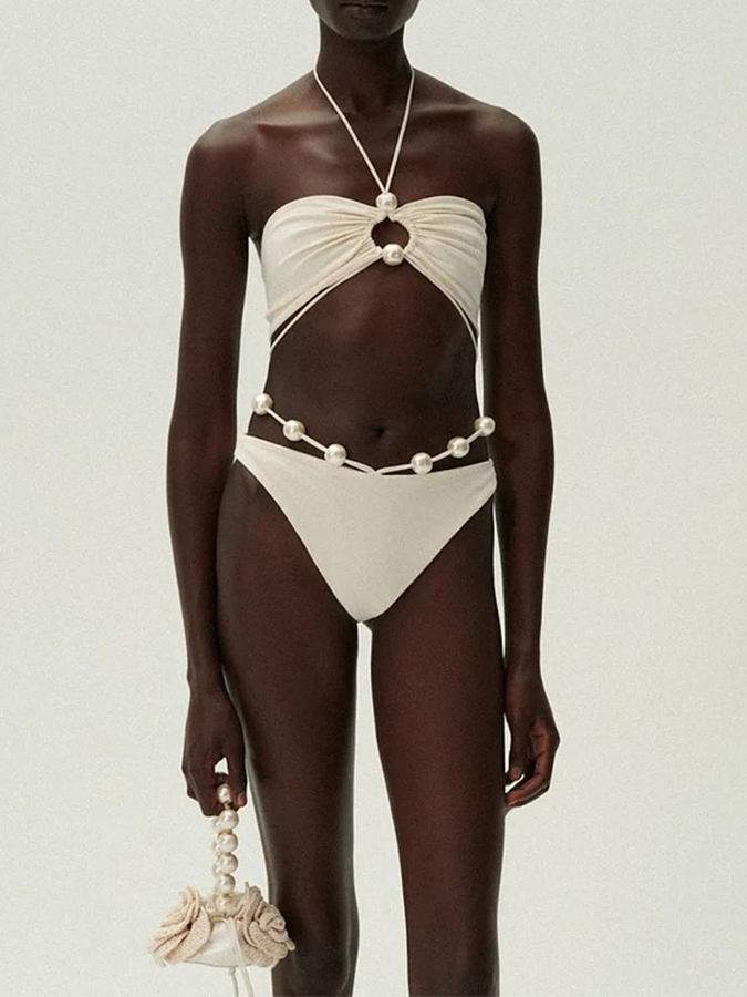Halterneck Pearl Bandeau High Waist Bikini Swimsuit and Sarong