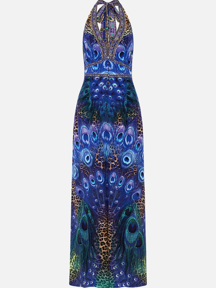 Peacock Printed Halter One Piece Swimsuit and Pants