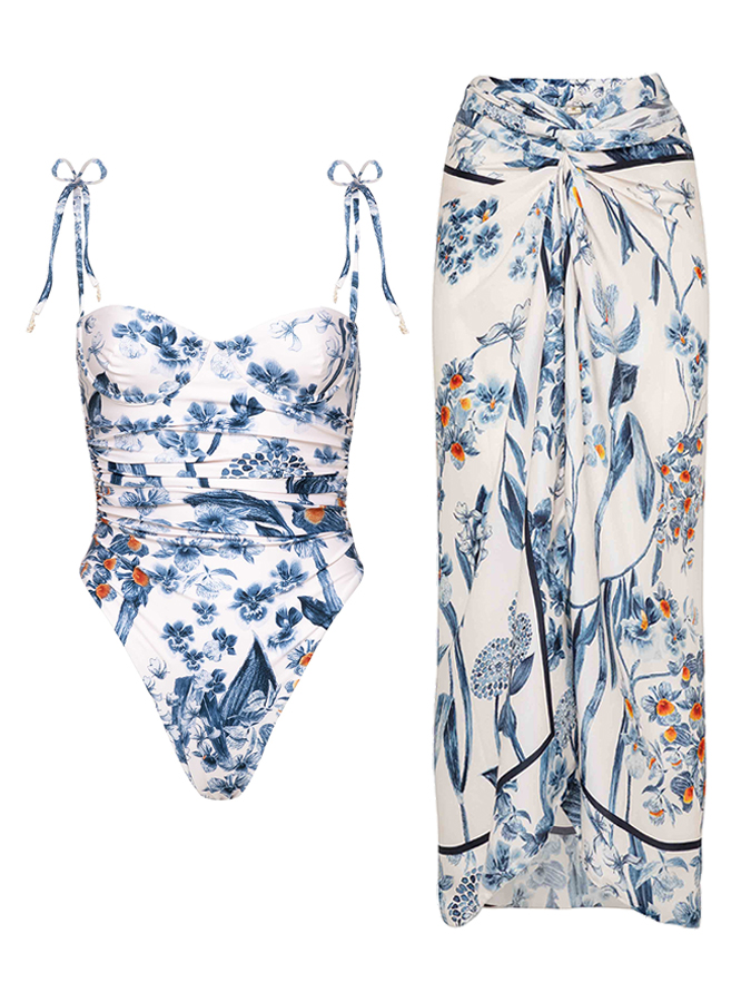 Vintage Print Swimsuit and Cover-Up