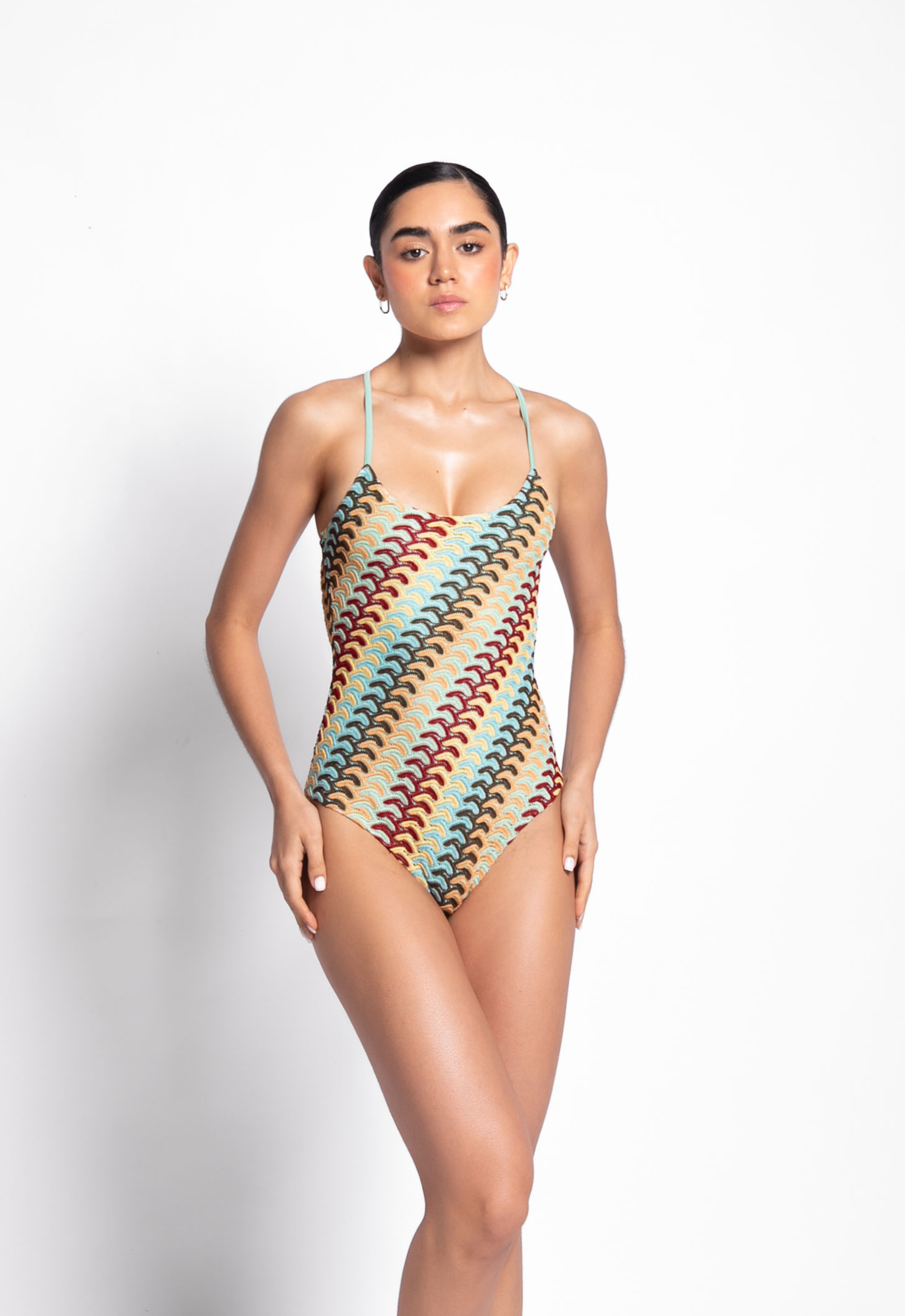 U-neck color-blocked halter swimsuit set