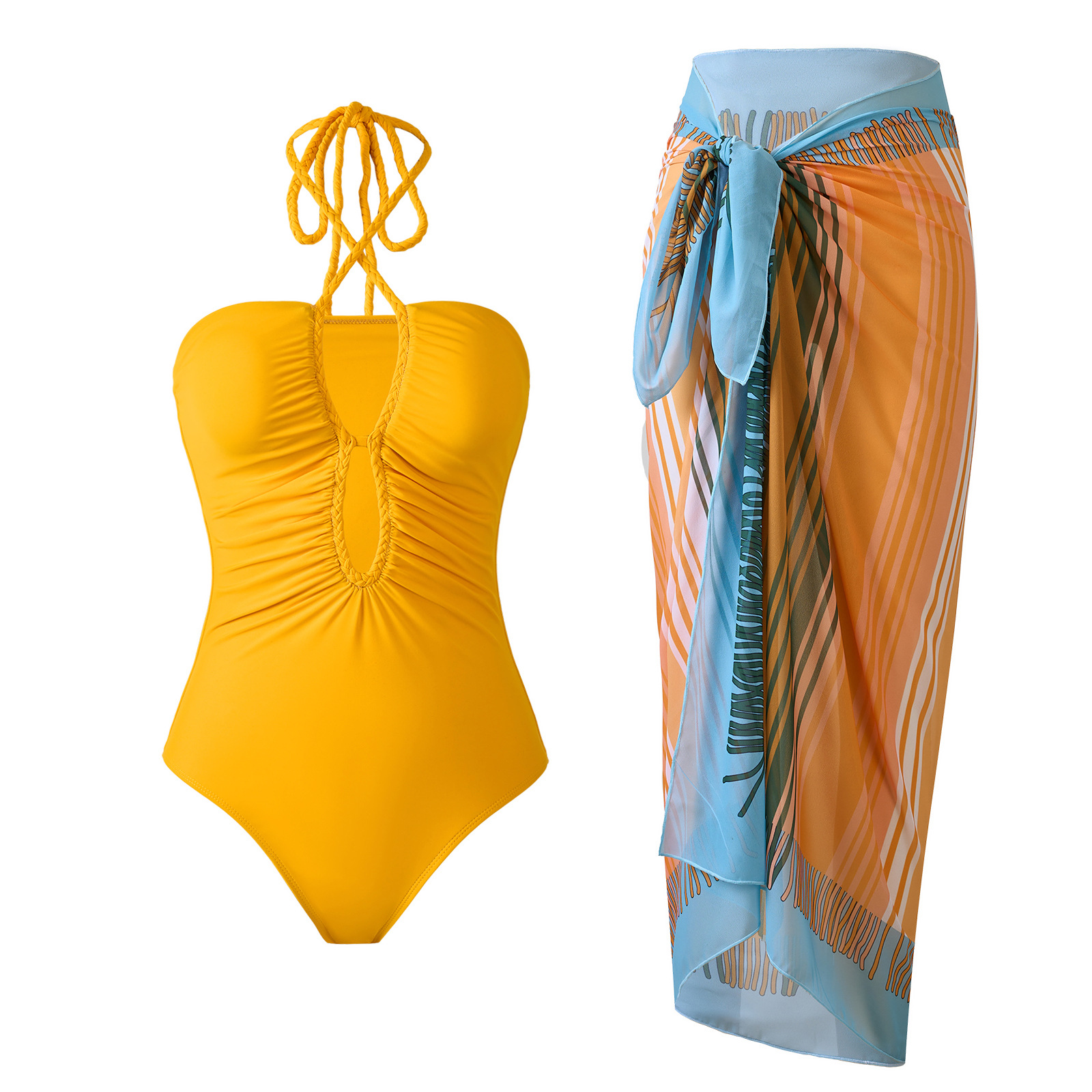 Bright yellow openwork pleated halter neck swimsuit