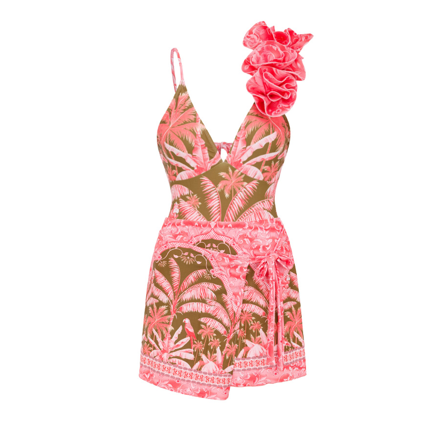 Tropical palm leaf print large ruffle one-piece swimsuit