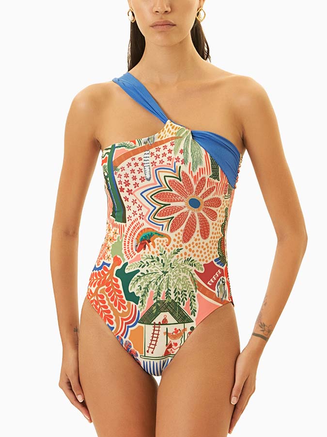 Retro Printed Beach Swimsuit and Fringed Skirt